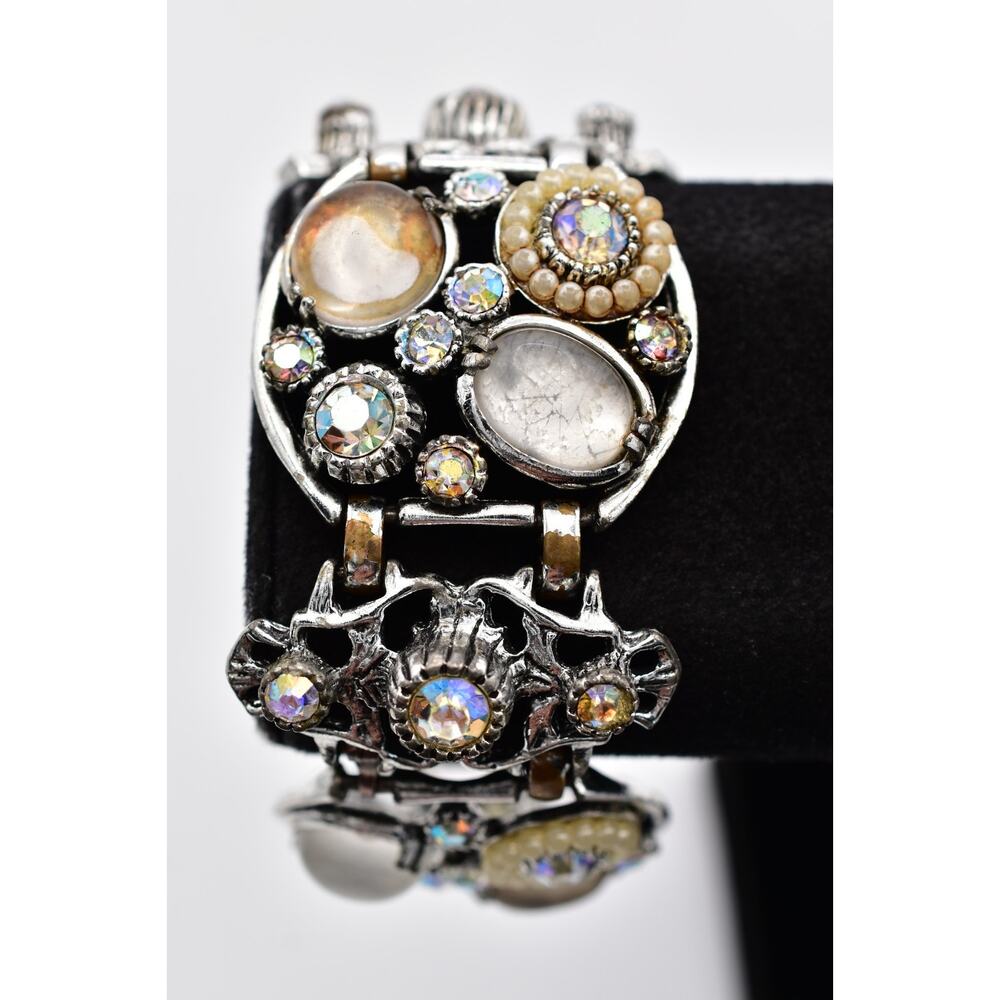 Selro Vintage Art AB Rhinestone Crystal Cabochon Bracelet Panel Signed 50s BinBR